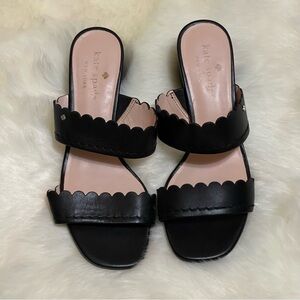 Kate Spade Black Scallop-Trim Thick Heeled Sandals